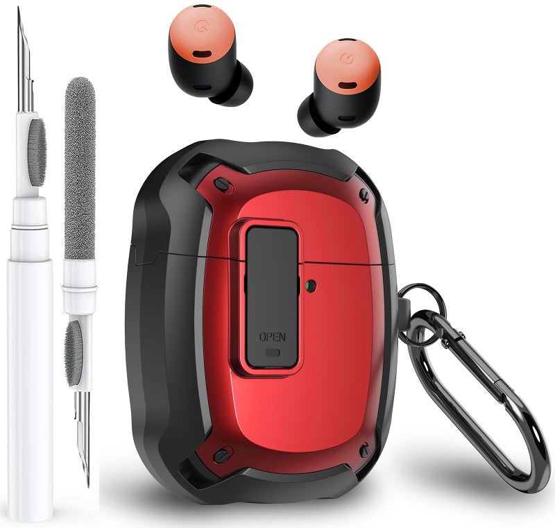 Olytop for Google Pixel Buds Pro 2 / Pro Case Cover with Lock Clip & Cleaner Pen 2024/2022, Shockproof Protective Hard Shell Skin with Carabiner Men Women - Black/Red - Image 1
