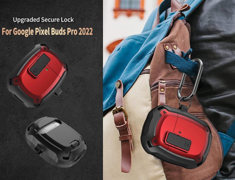 Olytop for Google Pixel Buds Pro 2 / Pro Case Cover with Lock Clip & Cleaner Pen 2024/2022, Shockproof Protective Hard Shell Skin with Carabiner Men Women - Black/Red - Image 5
