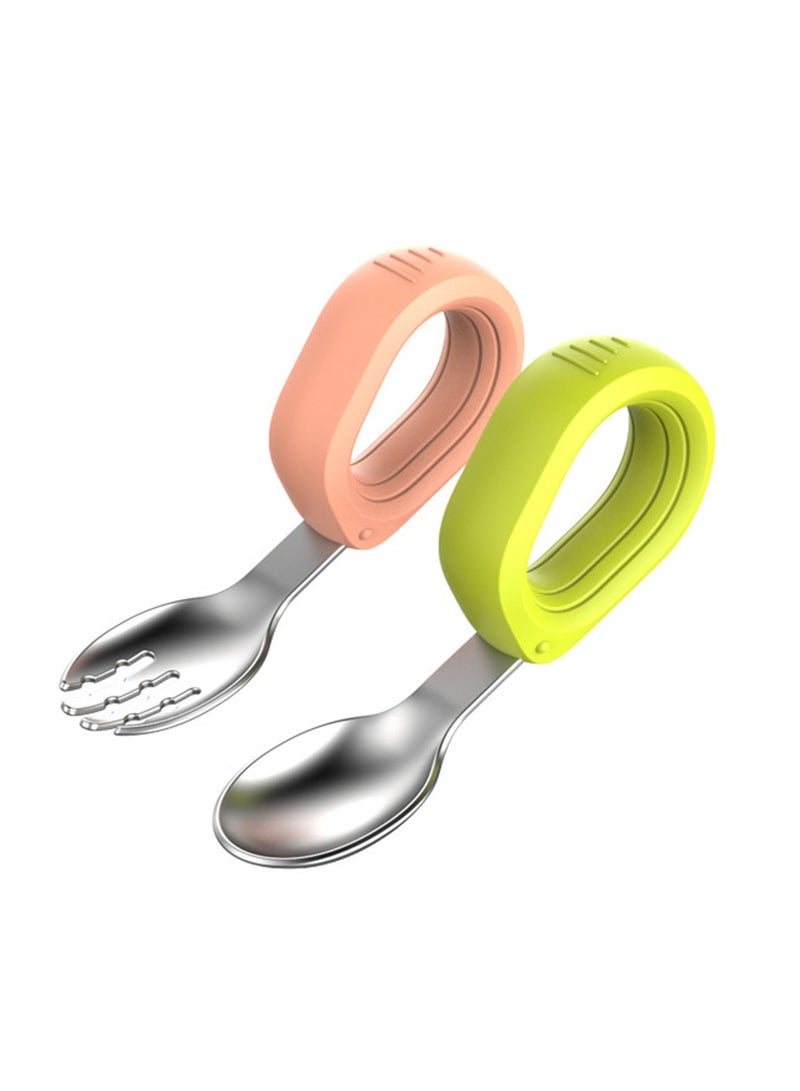 2pcs Baby stainless steel round handle fork and spoon set training food spoon silicone short handle extended fork and spoon  - Image 1