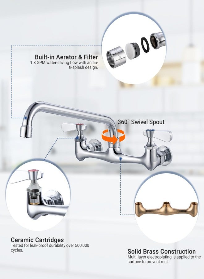 Phivan Commercial Kitchen Faucet 8 Inch Center Wall Mount Commercial Sink Faucet with 8 Inch Swivel Spout 2 Dual Handle Laundry & Utility Room Sink Faucets Restaurant Industrial Chrome Mixer Tap - Image 4