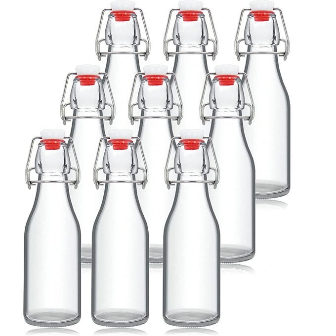 250ML GLASS BOTTLES WITH SWING TOP LIDS REUSABLE FLIP TOP AIRTIGHT PRESERVE BOTTLES FOR HOME BREWING KOMBUCHA OIL VINEGAR BEER WATER SODA WINE (PACK OF 9)