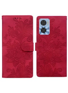 جراب هاتف Motorola Moto E22 / E22i من مادة البولي يوريثان المنقوشة بالزهور والدانتيل مع حزام معصم (أحمر)