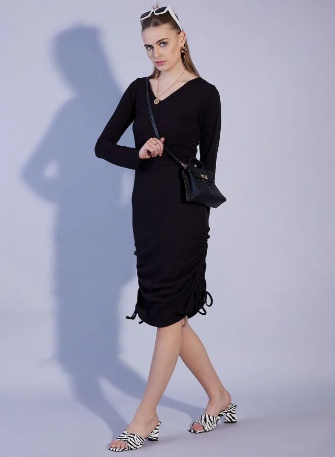 Women Regular Fit Solid V-Neck Long Sleeve Dress