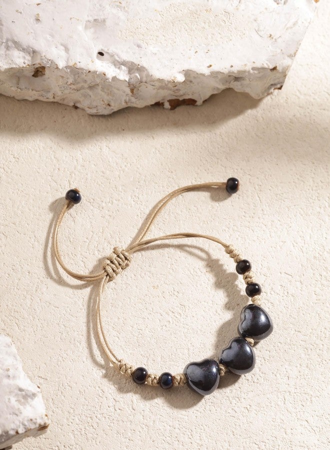 MINACHI Bohemian Black Ceramic Heart Shape Bead Bracelet, Adjustable Faux Leather Cord, Boho Hippie Summer Jewelry Gift for Women - Image 3