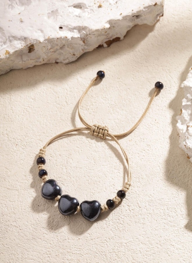MINACHI Bohemian Black Ceramic Heart Shape Bead Bracelet, Adjustable Faux Leather Cord, Boho Hippie Summer Jewelry Gift for Women - Image 4