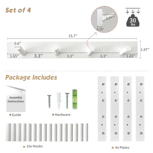Forbena White Coat Hooks Wall Mount for Hanging 4 Pack, 16 Inch Wood Entryway Coat Rack Wall Mounted Heavy Duty, Modern Large Wall Hooks for Hats Kids Clothes Bags Purses Caps Closet - 16 Hooks - Image 2