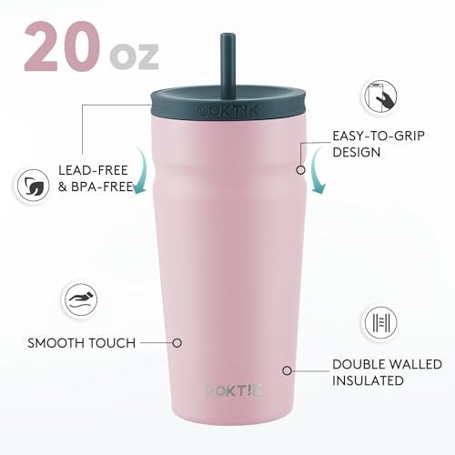 COKTIK 20oz Insulated Tumbler with Lid and Straw Iced Coffee Cup Reusable Stainless Steel Travel Mug Water Bottle Cupholder Friendly for Women Men Her Him (Blush) - Image 2