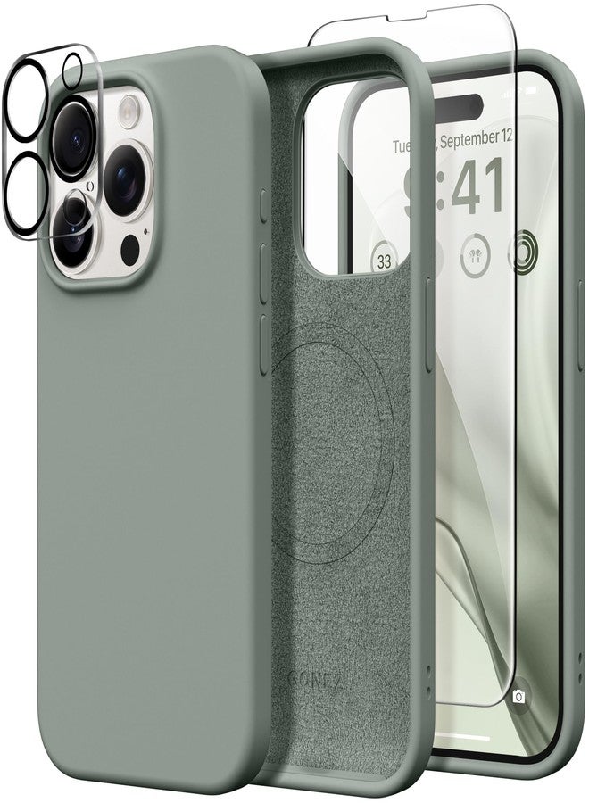 GONEZ Magnetic for iPhone 15 Pro Case, Compatible with MagSafe, [Screen Protector + Camera Lens Protector], Silicone Shockproof Anti-Scratch Protective Phone Case 6.1 inch, Calke Green - Image 1