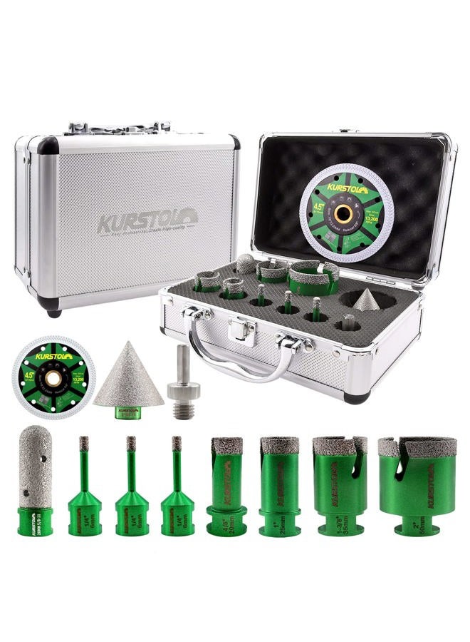 KURSTOL Diamond Core Drill Bits Kit - 11pcs 6/6/6/20/25/35/50mm+2" Beveling Chamfer Bit+3/4" Finger Milling Bit+Triangle Adapter to 5/8-11" Thread+4.5" Cutting disc for Porcelain Ceramic Tile Granite - Image 1