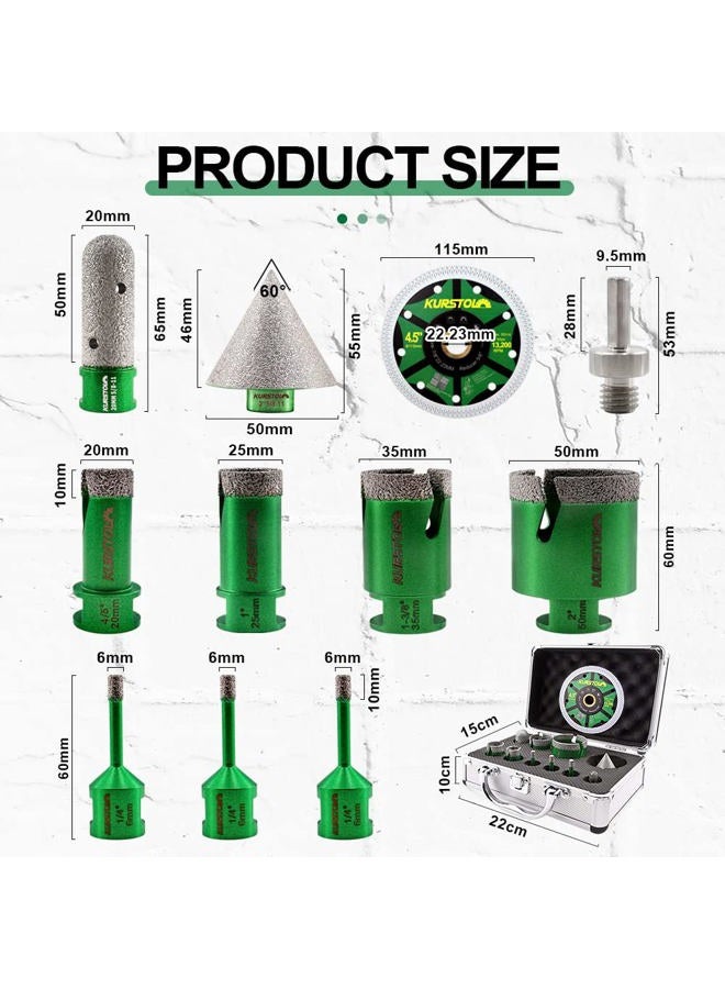 KURSTOL Diamond Core Drill Bits Kit - 11pcs 6/6/6/20/25/35/50mm+2" Beveling Chamfer Bit+3/4" Finger Milling Bit+Triangle Adapter to 5/8-11" Thread+4.5" Cutting disc for Porcelain Ceramic Tile Granite - Image 2