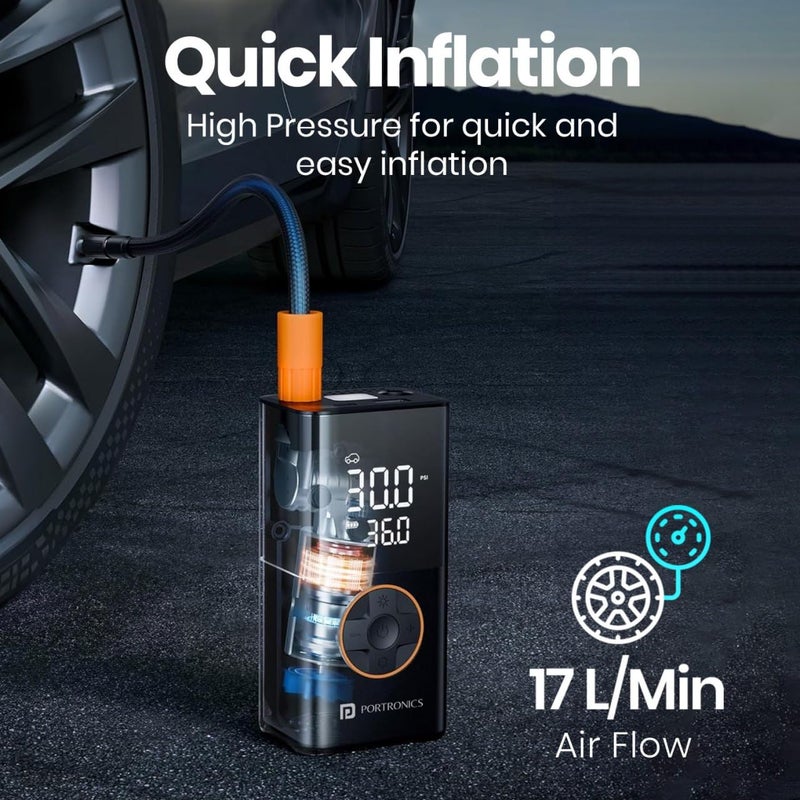 Portronics مضخة هواء بورتروينكس فاي 3.0 مع ضغط 150 PSI، بطارية 4000 مللي أمبير، شاشة رقمية، كشف الضغط، ضاغط هواء للسيارات والدراجات والدراجات الهوائية والكرات (أسود) - Image 2