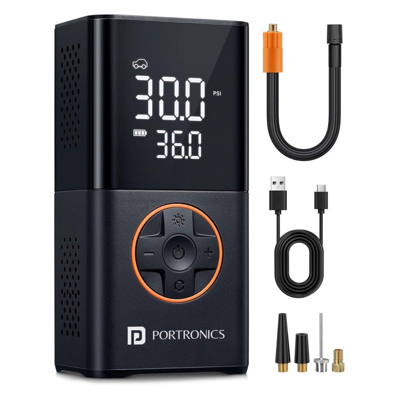 Portronics مضخة هواء بورتروينكس فاي 3.0 مع ضغط 150 PSI، بطارية 4000 مللي أمبير، شاشة رقمية، كشف الضغط، ضاغط هواء للسيارات والدراجات والدراجات الهوائية والكرات (أسود) - Image 1