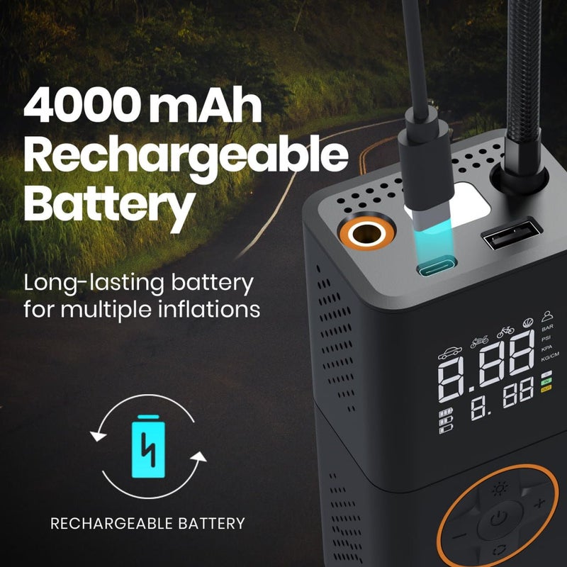 Portronics مضخة هواء بورتروينكس فاي 3.0 مع ضغط 150 PSI، بطارية 4000 مللي أمبير، شاشة رقمية، كشف الضغط، ضاغط هواء للسيارات والدراجات والدراجات الهوائية والكرات (أسود) - Image 3
