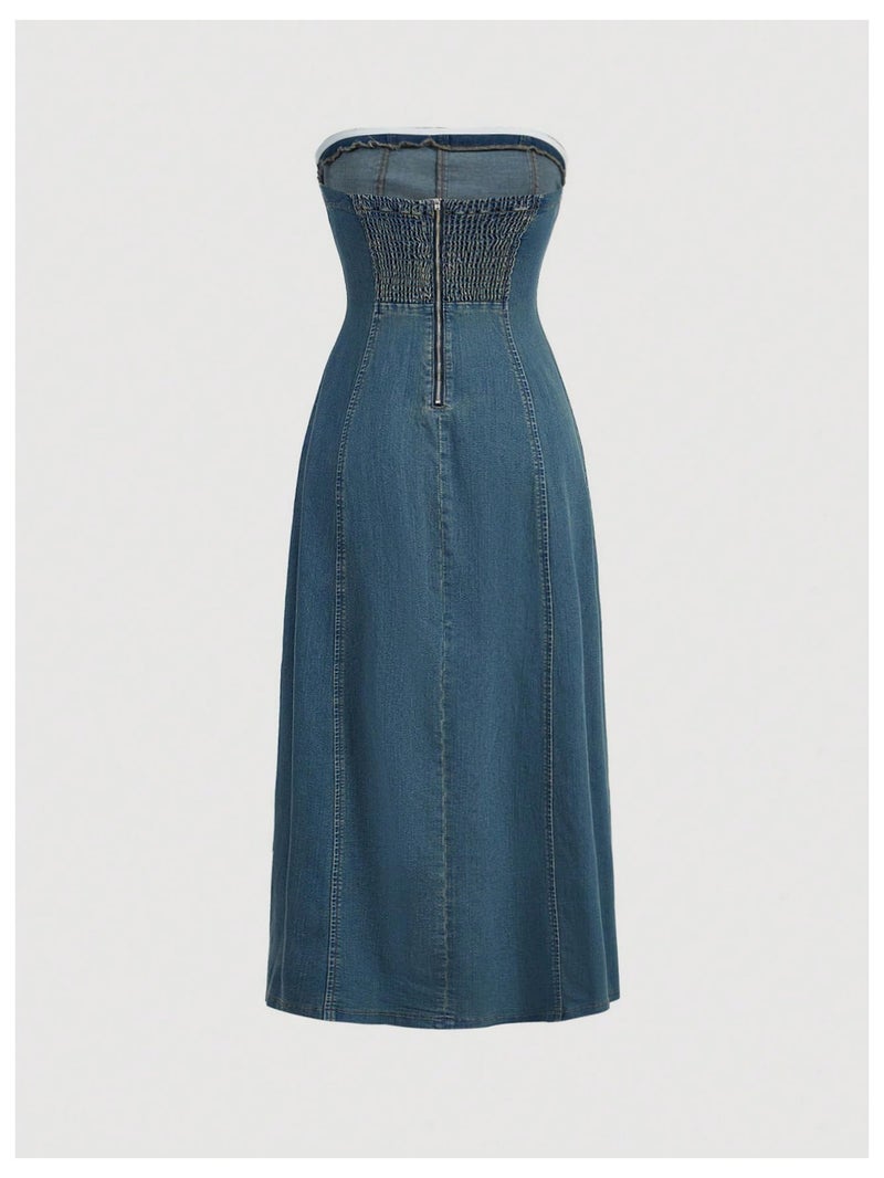MakeMeChic Women's High Split Tube Denim Dress Sleeveless Ruffle Trim Midi A Line Dress Medium Wash Medium - Image 2