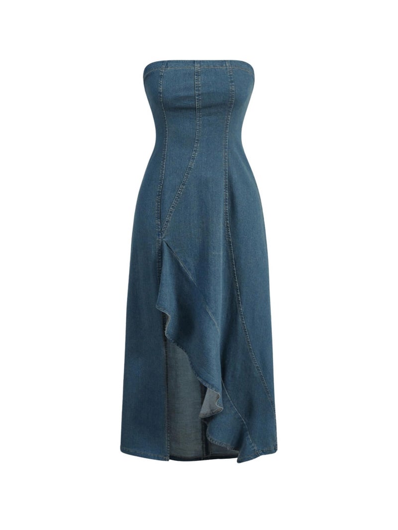 MakeMeChic Women's High Split Tube Denim Dress Sleeveless Ruffle Trim Midi A Line Dress Medium Wash Medium - Image 1