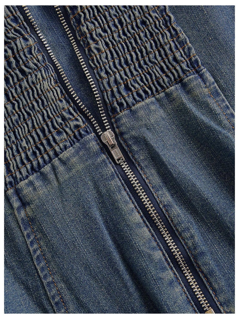 MakeMeChic Women's High Split Tube Denim Dress Sleeveless Ruffle Trim Midi A Line Dress Medium Wash Medium - Image 4