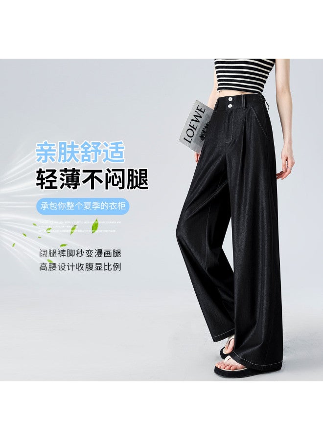 Hstyle Women's Denim-like Double Button Single Pleat Suit Pants - 2025 Summer Fashion High Waist Slimming Office Wide Leg Pants - Image 5