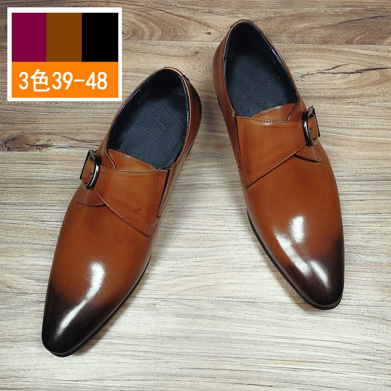 New pointed toe business leather shoes men's buckle shoes European version metal buckle men's shoes shoes men Red Brown red 46 - Image 4