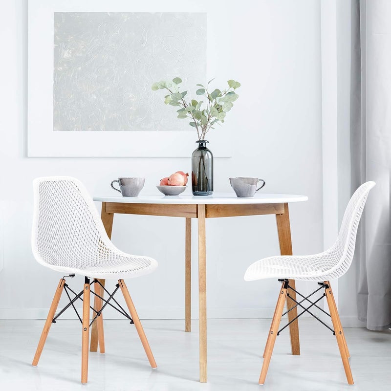 Giantex Set of 2 Modern Dining Chairs, Outdoor Indoor Shell PP Lounge Side Chairs with Mesh Design, Beech Wood Legs, Tulip Leisure Chairs, DSW Dining Chairs for Kitchen, Dining Room, White - Image 2