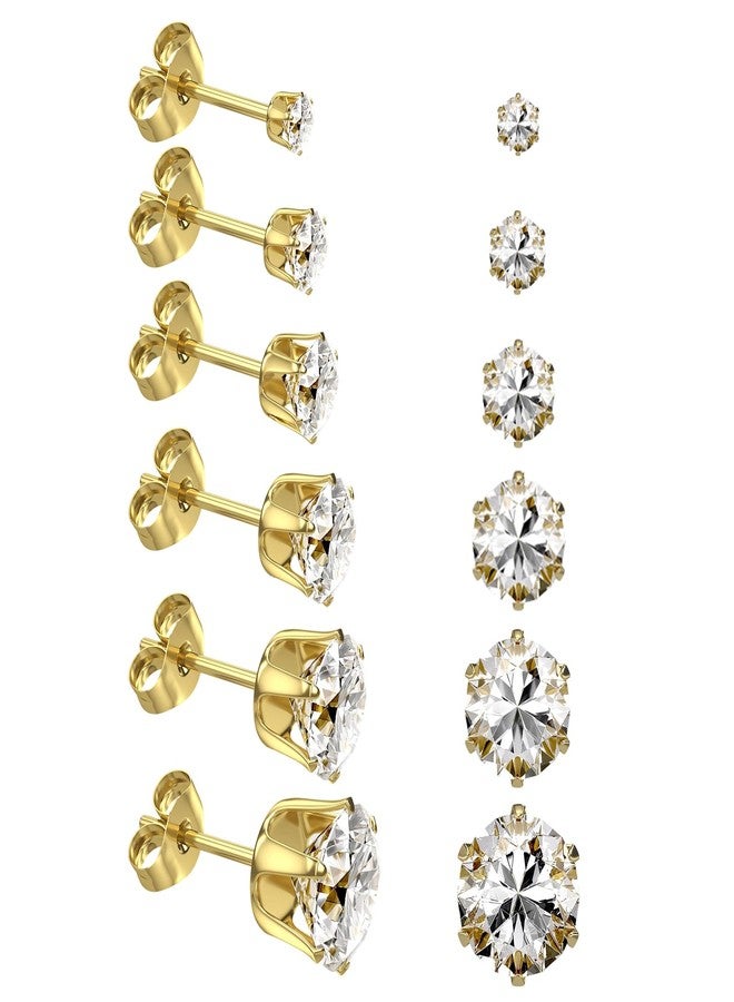 YINCUO 6 Pairs Stainless Steel Stud Earrings Set, Silver 14K Gold Plated 316L Stainless Steel Hypoallergenic Cubic Zirconia CZ Earring for Women Men 3-8mm, Surgical Steel, Cubic Zirconia - Image 1