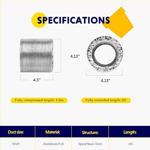 iPower 4 inch 8 feet Non-Insulated Flex Air Aluminum Foil Ducting Dryer Vent Hose for HVAC Ventilation with 2 Clamps, Silver - Image 5