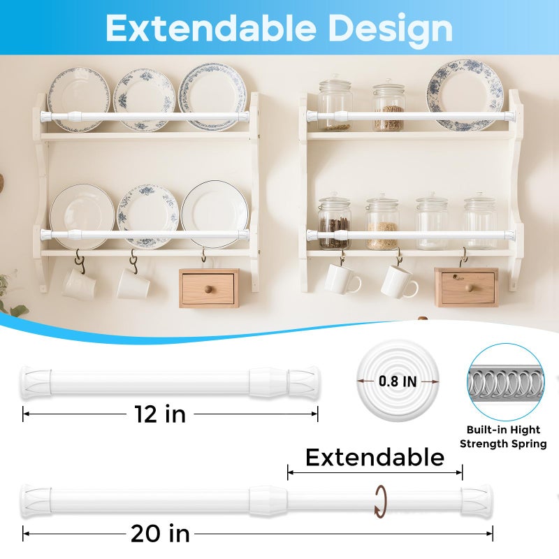 ZipGlo Tension Curtain Rod 12-20inches Small Tension Rods White Adjustable Spring Tension Curtain Rods 2 Pack Mini Curtain Rod Short for Cupboard Closet Rod Kitchen Drawers No Drill Cupboard Cabinets - Image 2