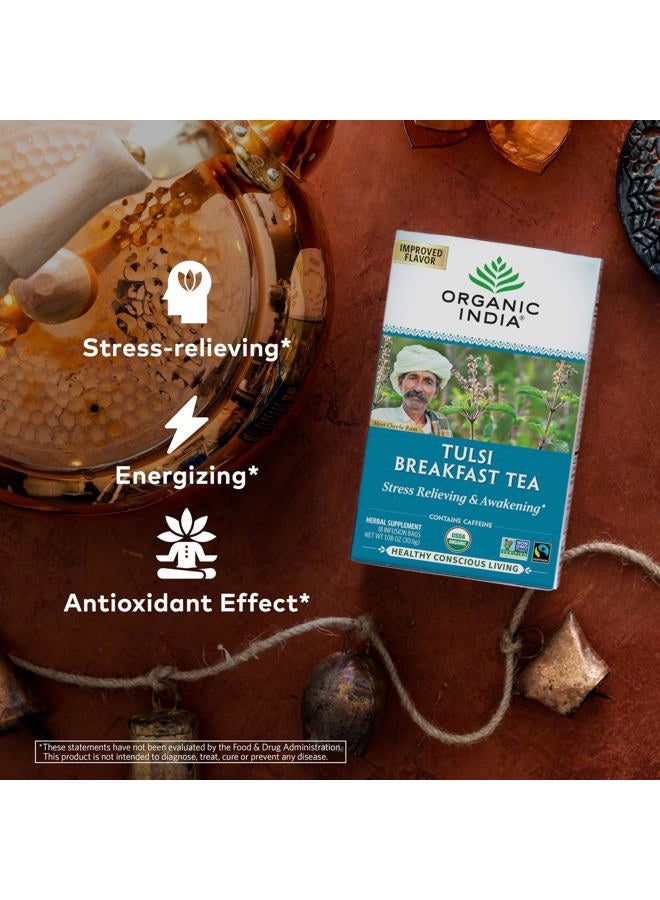 Organic India Organic India Tulsi Breakfast Herbal Tea - Holy Basil, Stress Relieving & Awakening, Immune Support, Adaptogen, Vegan, USDA Certified Organic, Non-GMO, Caffeinated - 18 Infusion Bags, 1 Pack - Image 4