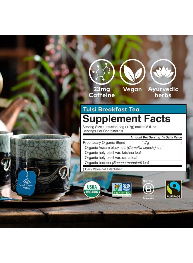 Organic India Organic India Tulsi Breakfast Herbal Tea - Holy Basil, Stress Relieving & Awakening, Immune Support, Adaptogen, Vegan, USDA Certified Organic, Non-GMO, Caffeinated - 18 Infusion Bags, 1 Pack - Image 2