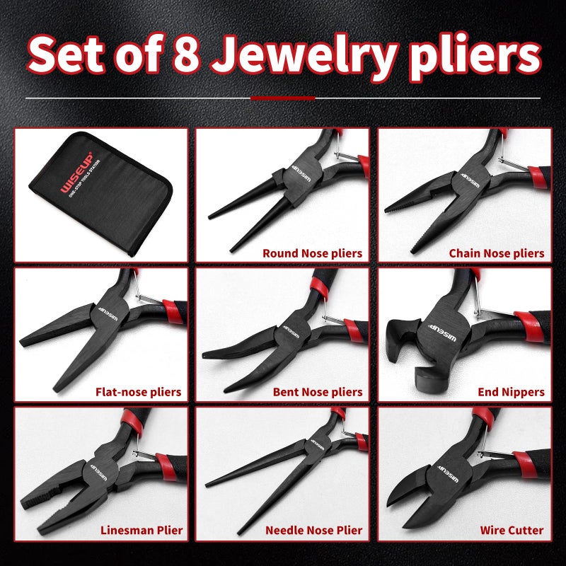 WISEUP 8-Piece Mini Pliers Setï¼ŒNeedle, Round, Flat, Long, Bent Nose, Diagonal, End Cutting & Linesman Pliers for Crafting, Electronics & Jewelry Makingï¼Œwith Pouch - Image 2