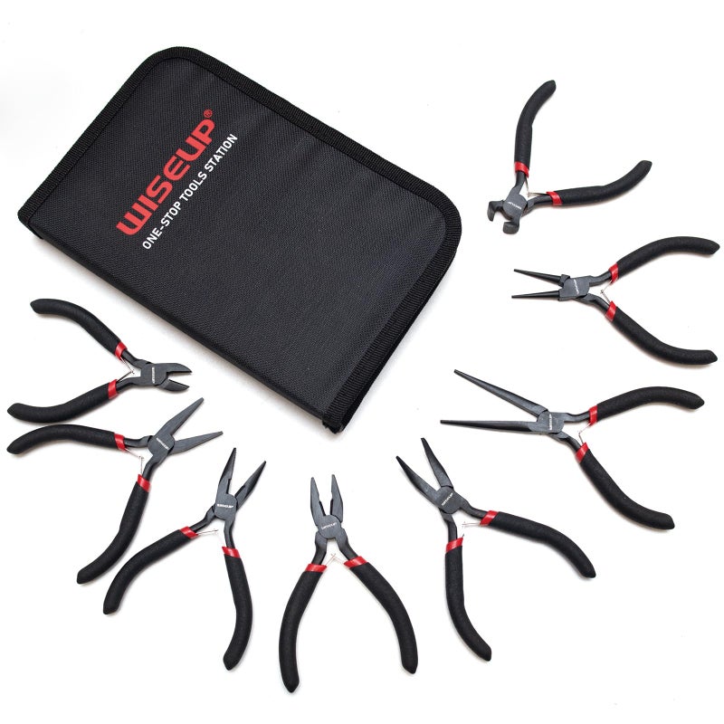 WISEUP 8-Piece Mini Pliers Setï¼ŒNeedle, Round, Flat, Long, Bent Nose, Diagonal, End Cutting & Linesman Pliers for Crafting, Electronics & Jewelry Makingï¼Œwith Pouch - Image 1