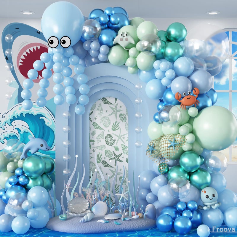 Froova Under the Sea Balloons Garland Arch Kit, 123pcs Dusty Blue Teal Pastel Green Metallic Blue Green Ocean Balloon with Transparent Balloons for Shark Baby Shower Sea Animal Birthday Party Decorations - Image 1