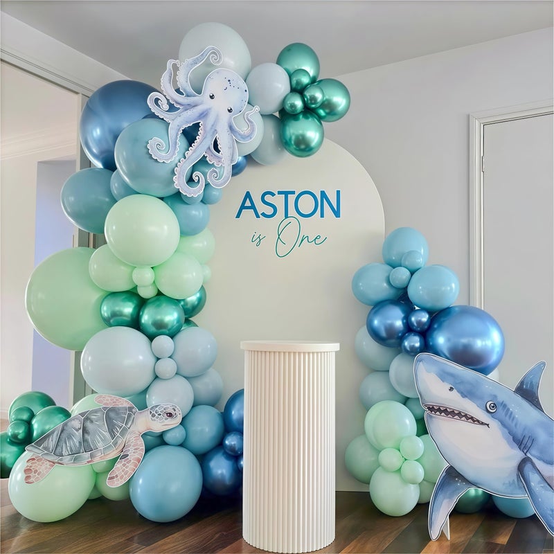 Froova Under the Sea Balloons Garland Arch Kit, 123pcs Dusty Blue Teal Pastel Green Metallic Blue Green Ocean Balloon with Transparent Balloons for Shark Baby Shower Sea Animal Birthday Party Decorations - Image 3