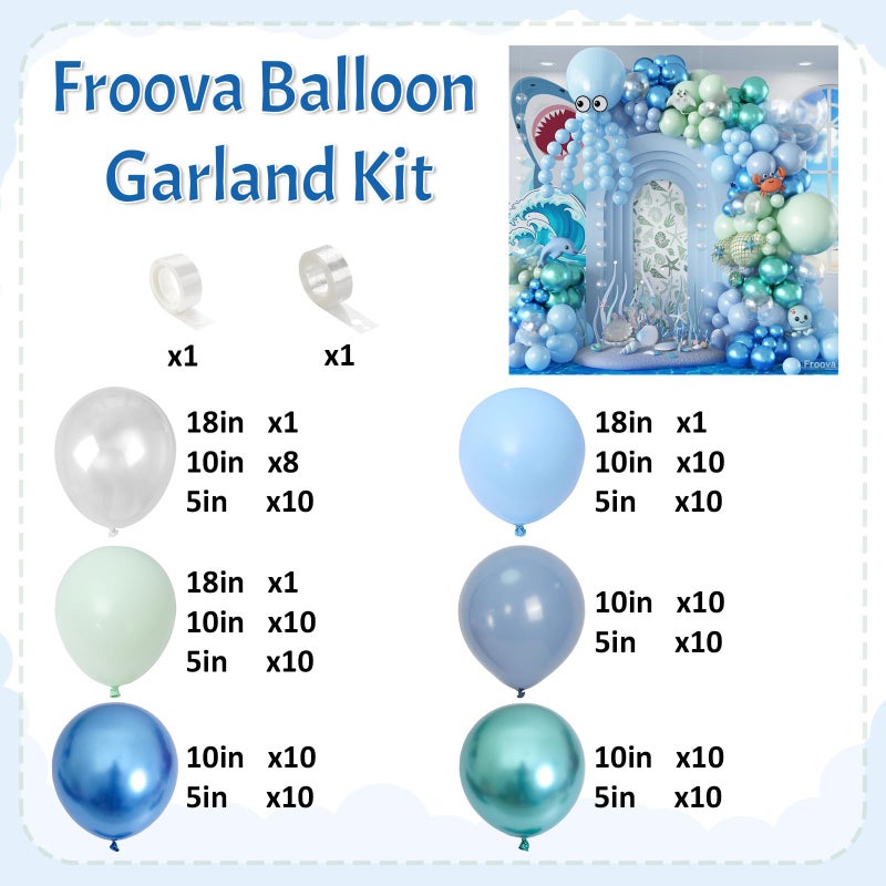 Froova Under the Sea Balloons Garland Arch Kit, 123pcs Dusty Blue Teal Pastel Green Metallic Blue Green Ocean Balloon with Transparent Balloons for Shark Baby Shower Sea Animal Birthday Party Decorations - Image 2