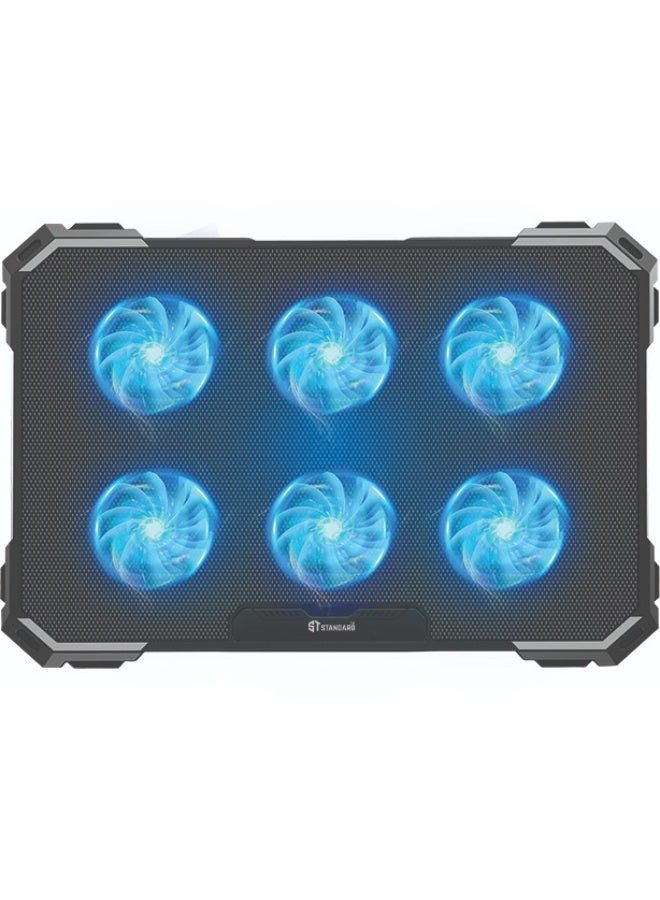 Standard ICE06N Laptop Cooling Pad with 6 Blue LED Fans, 6-Level Adjustable Speed, Adjustable Height and Dual USB Ports - Image 2
