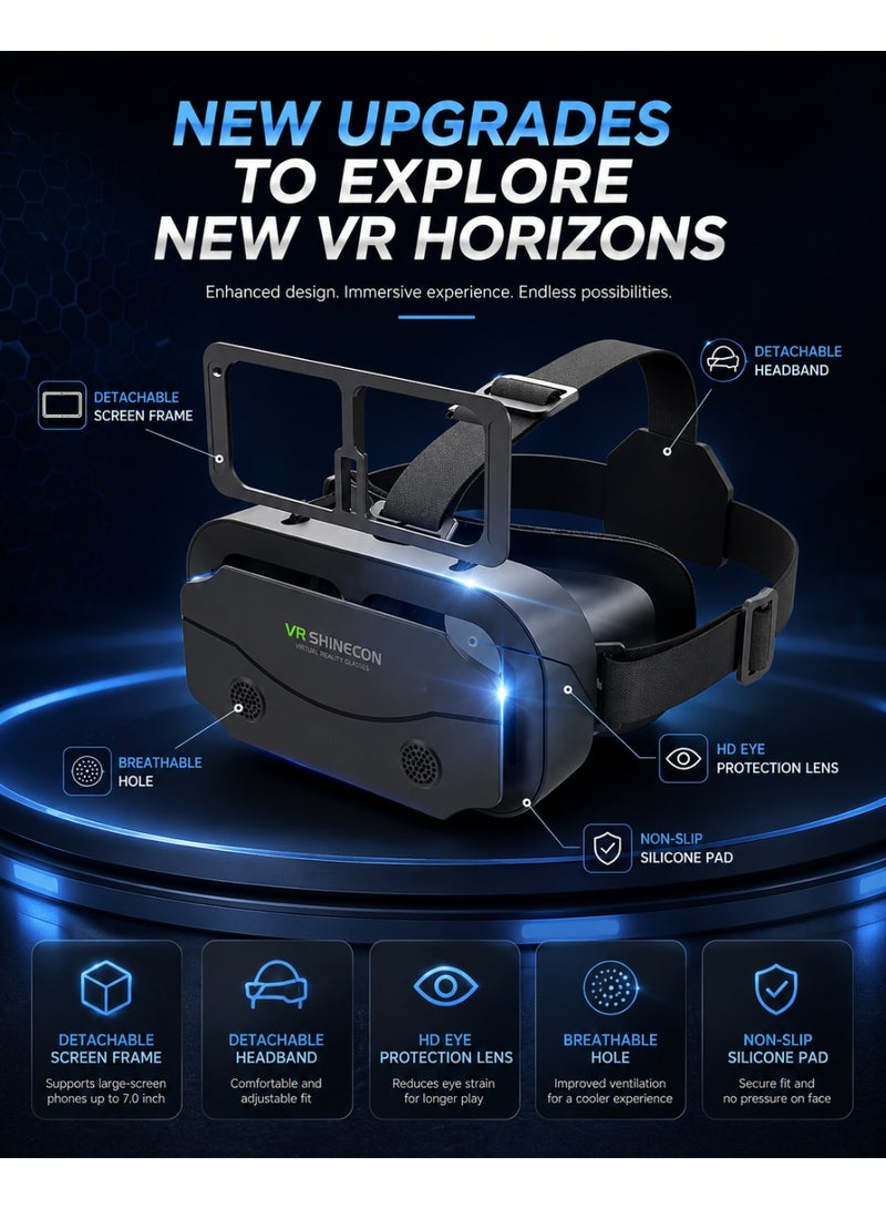 في آر شينيكون نظارة واقع افتراضي (VR) لهواتف iPhone وAndroid – نظارة عالمية متوافقة مع الهواتف الذكية بمقاسات تتراوح بين 4.7 و7.2 بوصة، تتميز ببطانة ناعمة ومريحة وتوفر تجربة واقع افتراضي غامرة بزاوية 360 درجة للألعاب والأفلام ومقاطع الفيديو. - Image 3