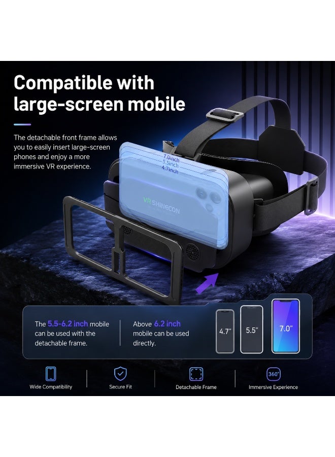 في آر شينيكون نظارة واقع افتراضي (VR) لهواتف iPhone وAndroid – نظارة عالمية متوافقة مع الهواتف الذكية بمقاسات تتراوح بين 4.7 و7.2 بوصة، تتميز ببطانة ناعمة ومريحة وتوفر تجربة واقع افتراضي غامرة بزاوية 360 درجة للألعاب والأفلام ومقاطع الفيديو. - Image 2
