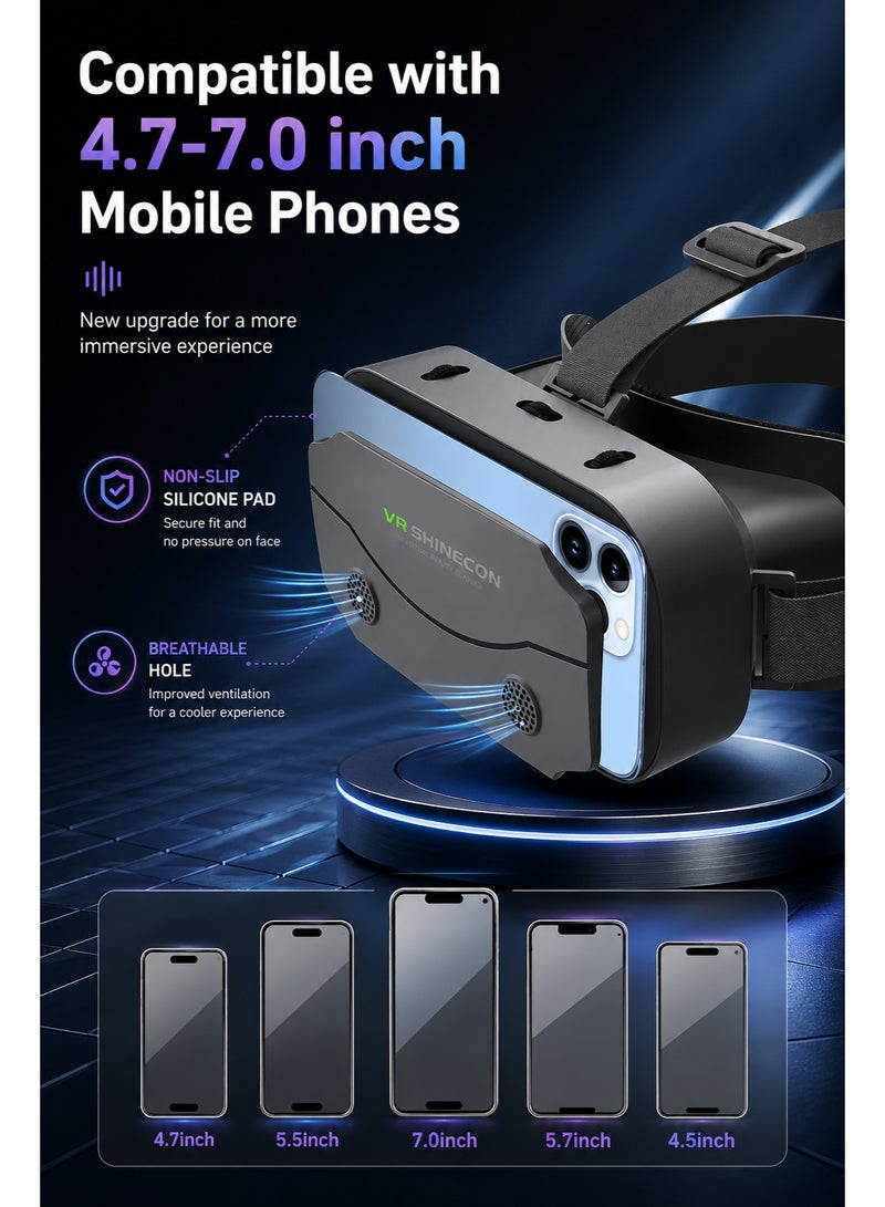 في آر شينيكون نظارة واقع افتراضي (VR) لهواتف iPhone وAndroid – نظارة عالمية متوافقة مع الهواتف الذكية بمقاسات تتراوح بين 4.7 و7.2 بوصة، تتميز ببطانة ناعمة ومريحة وتوفر تجربة واقع افتراضي غامرة بزاوية 360 درجة للألعاب والأفلام ومقاطع الفيديو. - Image 5
