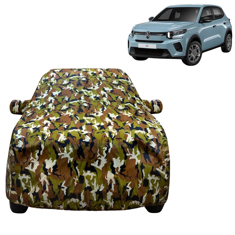VYAS 100% Waterproof Car Body Cover for Citroen C3 (2022-2025) with Mirror Pocket Triple Stitched Belt & Buckle Fitting Dual Elastic, Durable Material Jungle Print Camouflage Design - Image 1