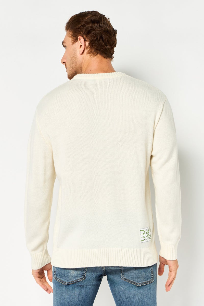 SELECTED Men Crew Neck Graphic Print Sweater, Cream - Image 2