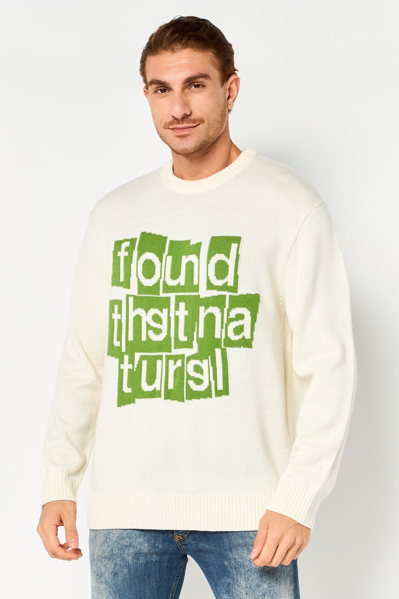 SELECTED Men Crew Neck Graphic Print Sweater, Cream - Image 1