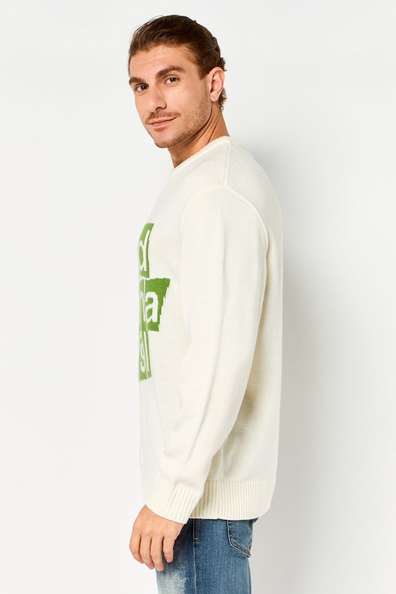 SELECTED Men Crew Neck Graphic Print Sweater, Cream - Image 3