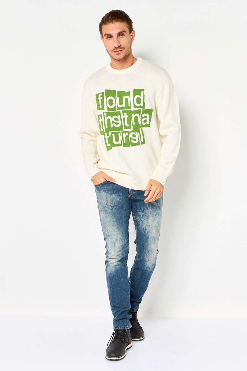 SELECTED Men Crew Neck Graphic Print Sweater, Cream - Image 4