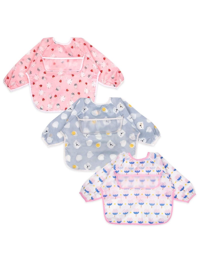 Y&D Long Sleeve Bib Set, Baby Waterproof with Pockets, Toddler Sleeves and Debris Catcher, Smudge Odor Resistant Playsuit Apron for Infants 6-24 Months (3 Pack)  - Image 1