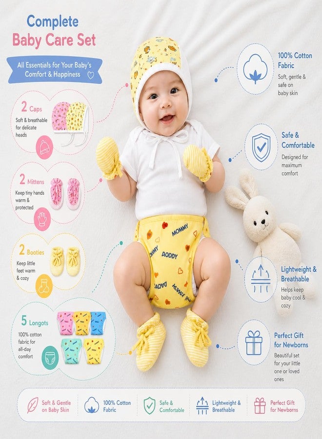 Epics Newborn Baby Essentials Gift Set – 100% Cotton Infant Clothing Combo (2 Caps, 2 Mittens, 2 Booties & 5 Langots), Soft, Breathable & Skin-Friendly for 0–6 Months (Unisex) Multicolour - Image 2
