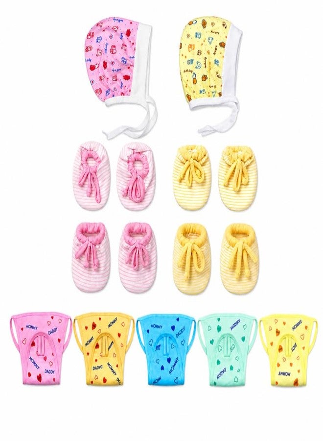 Epics Newborn Baby Essentials Gift Set – 100% Cotton Infant Clothing Combo (2 Caps, 2 Mittens, 2 Booties & 5 Langots), Soft, Breathable & Skin-Friendly for 0–6 Months (Unisex) Multicolour - Image 1