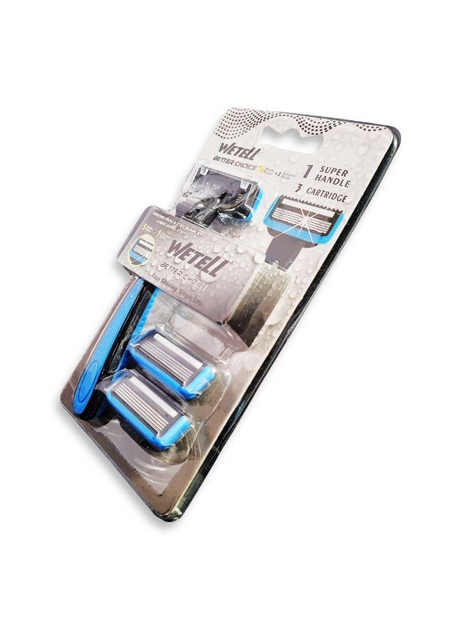 WETELL Men's razor with 5 blades and a rear edge trimmer with a movable head for easy shaving and reducing the risk of cuts on the curves of the face, a soothing moisturizing strip, a comfortable, non-slip handle, and 3 replacement heads for a close, smooth, and long-lasting shave.  - Image 3
