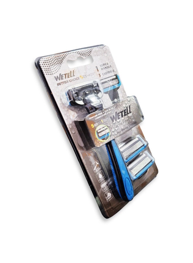 WETELL Men's razor with 5 blades and a rear edge trimmer with a movable head for easy shaving and reducing the risk of cuts on the curves of the face, a soothing moisturizing strip, a comfortable, non-slip handle, and 3 replacement heads for a close, smooth, and long-lasting shave.  - Image 2