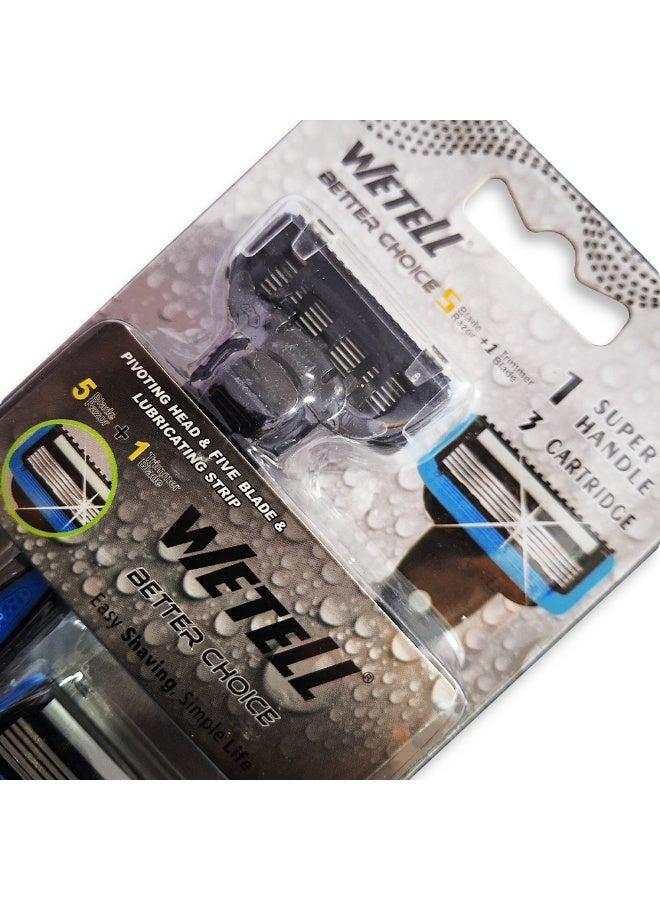 WETELL Men's razor with 5 blades and a rear edge trimmer with a movable head for easy shaving and reducing the risk of cuts on the curves of the face, a soothing moisturizing strip, a comfortable, non-slip handle, and 3 replacement heads for a close, smooth, and long-lasting shave.  - Image 4