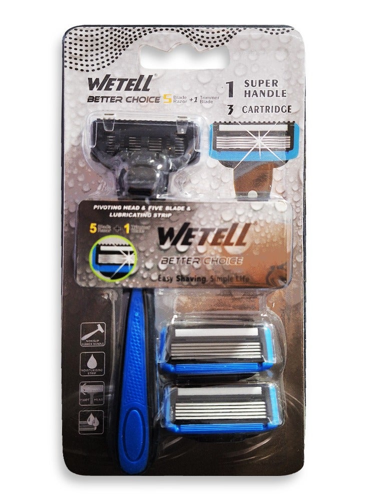 WETELL Men's razor with 5 blades and a rear edge trimmer with a movable head for easy shaving and reducing the risk of cuts on the curves of the face, a soothing moisturizing strip, a comfortable, non-slip handle, and 3 replacement heads for a close, smooth, and long-lasting shave.  - Image 1