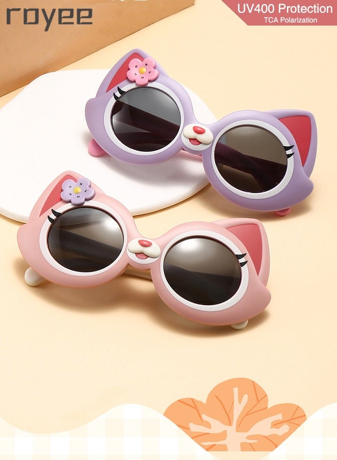 Royee - 2 Pack Cartoon Cat sunglasses for Kids , Polarized Foldable Sunglasses, UV400 Protection Sunglasses for Age 2-4 6-8 10-12 Boys Girls Boys and Girls，TPEE Frame - Pink and Purple - Image 1